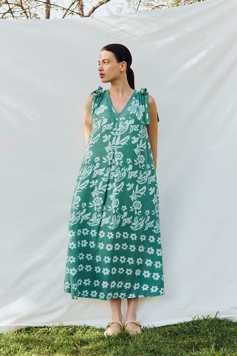 Aggie Hand-Batik Floral Green Dress