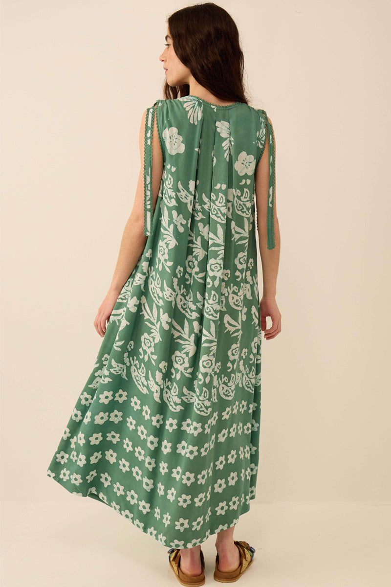 Aggie Hand-Batik Floral Green Dress