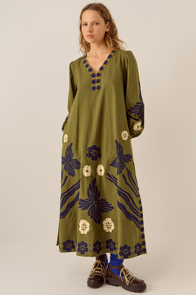 Bella Embroidered Cotton Twill Dress