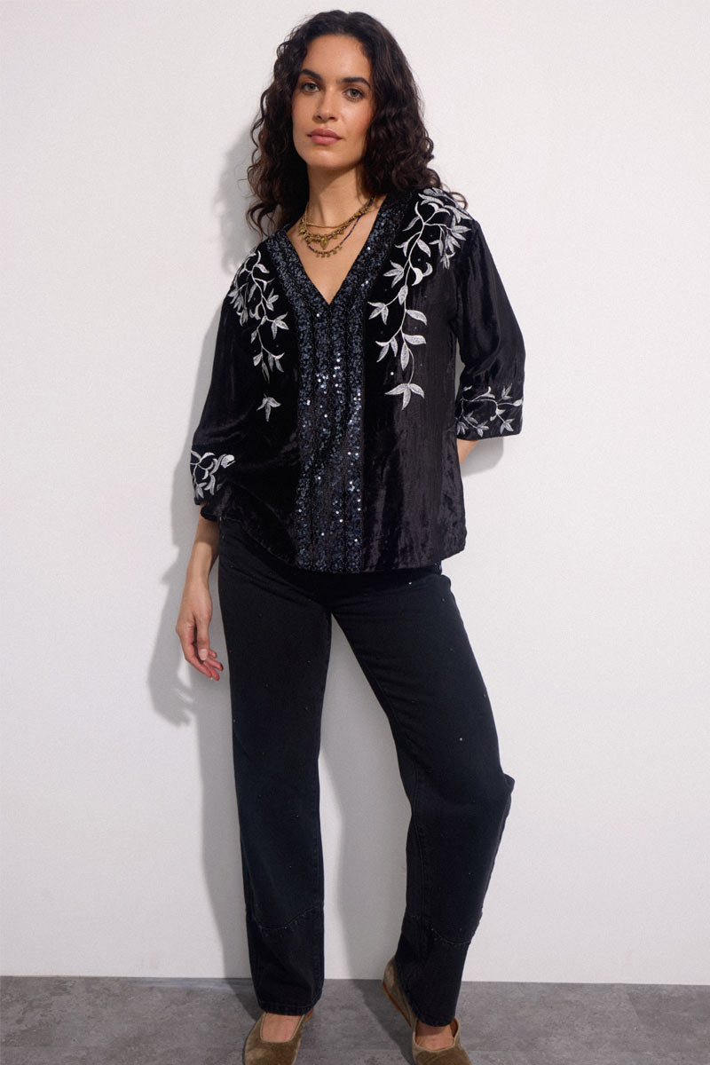 新品NOIR VELOUR TOP Bibiy black Bibi Embroidered Velvet Top