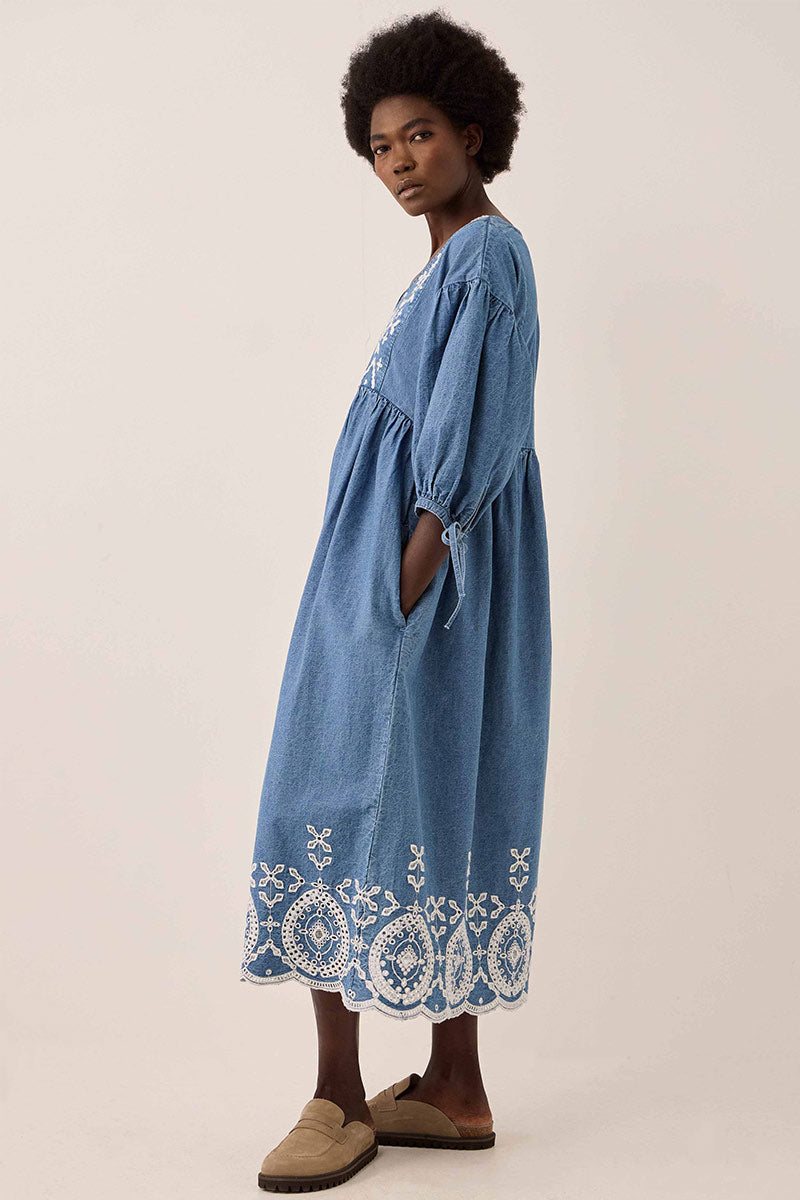 Coralie Denim Broderie Detailed Dress