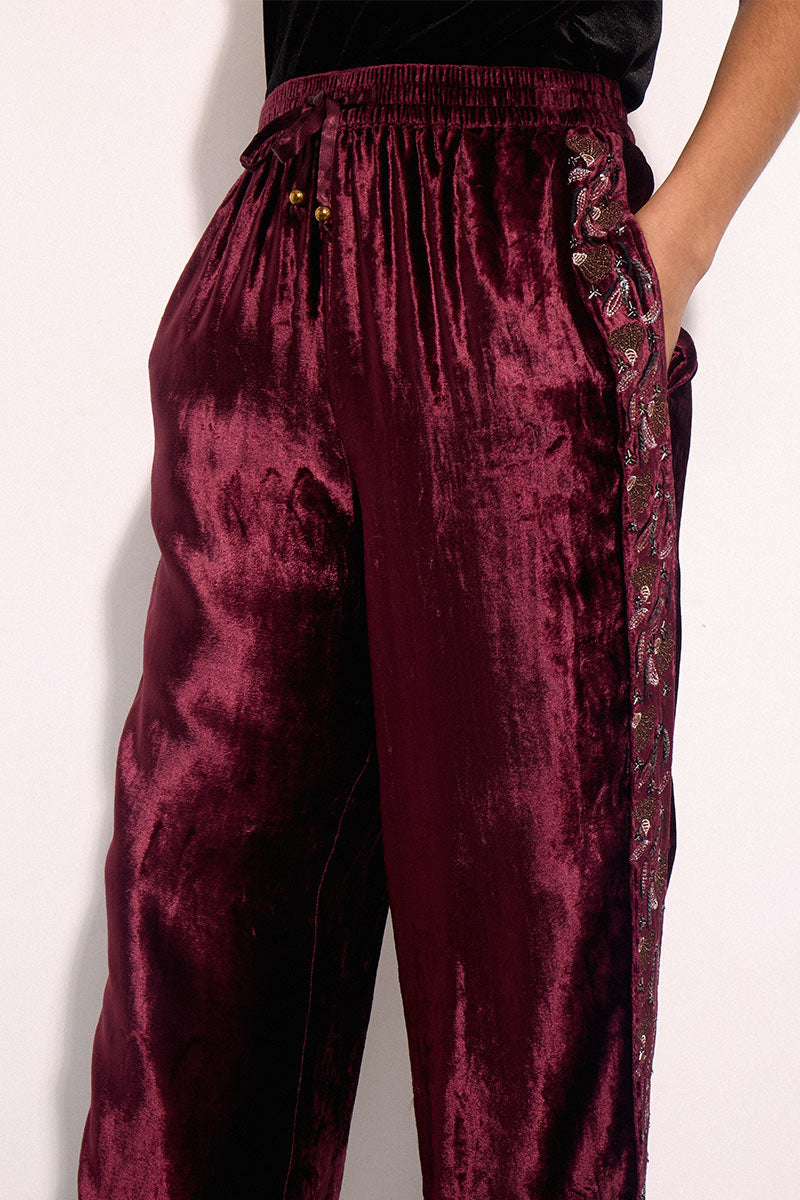 Elsa Burgundy Embroidered Velvet Trousers