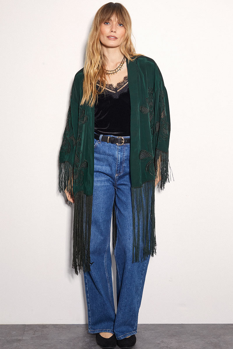Heba Embroidered Fringe Kimono
