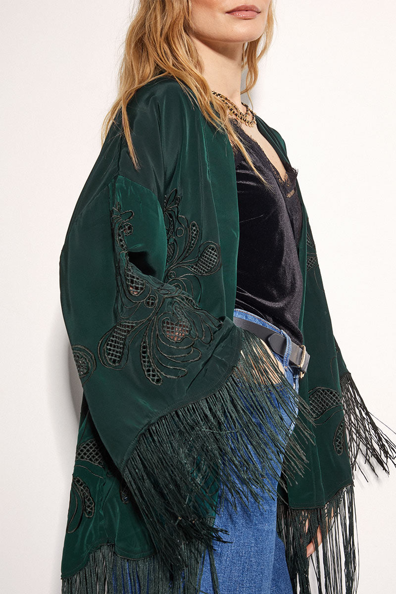 Heba Embroidered Fringe Kimono