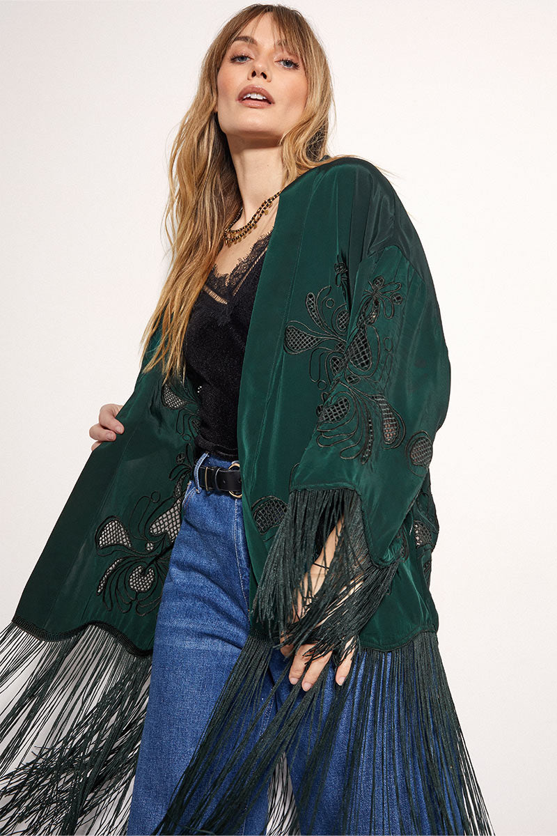 Heba Embroidered Fringe Kimono