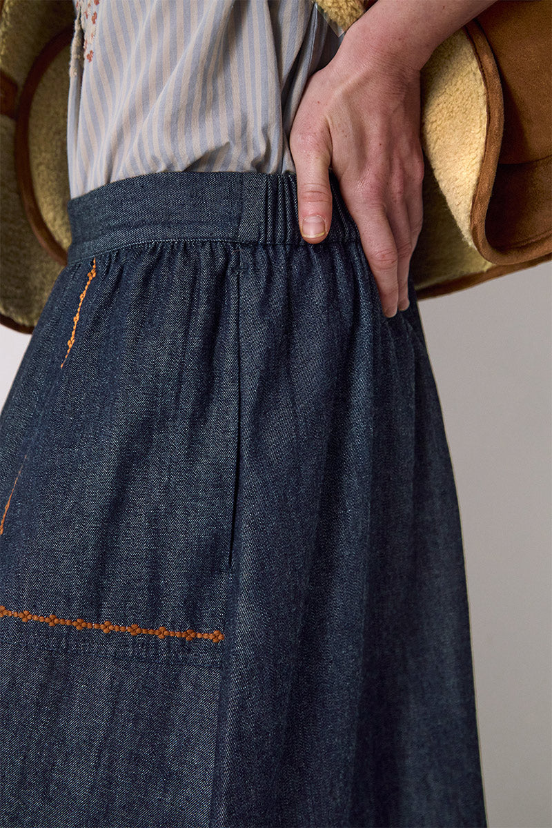 Jayla Denim Embroidered Midi Skirt