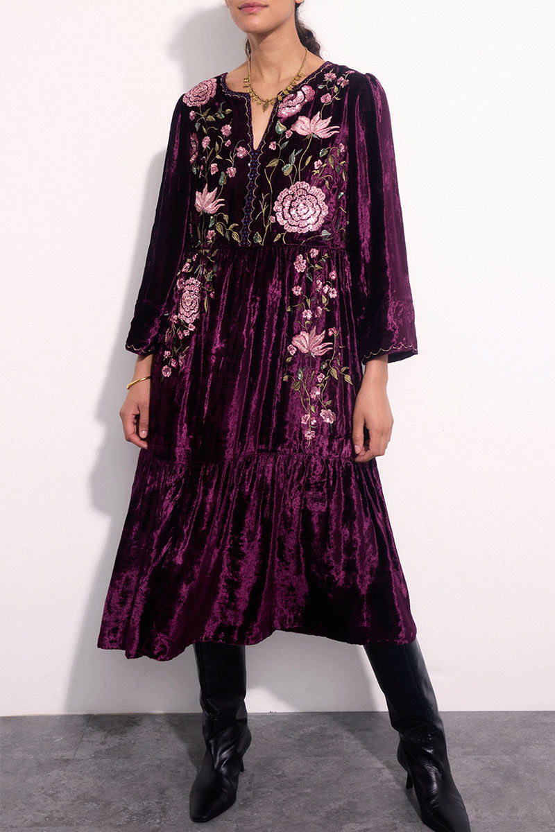 Katlin Velvet Embroidered Dress