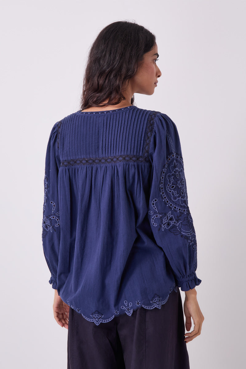 Pavlina Embroidered Cotton Navy Top