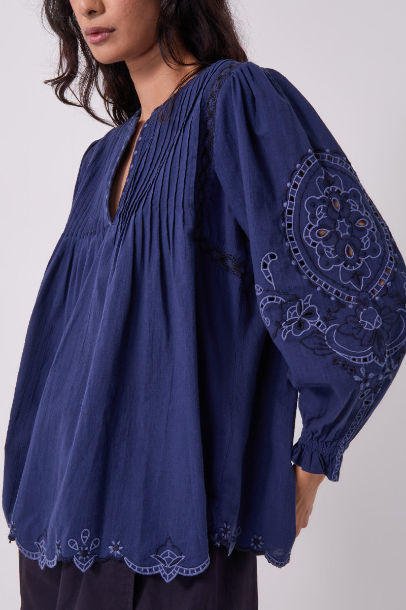 Pavlina Embroidered Cotton Navy Top