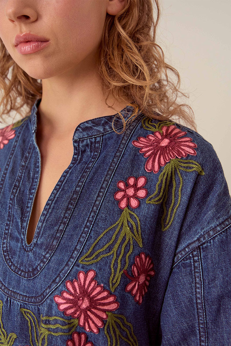 Reyna Denim Embroidered Dress