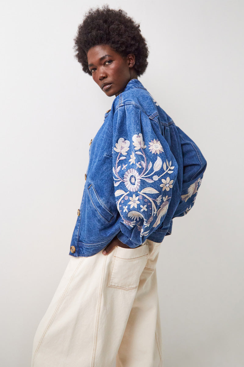 Rosana Embroidered Denim Bomber Jacket