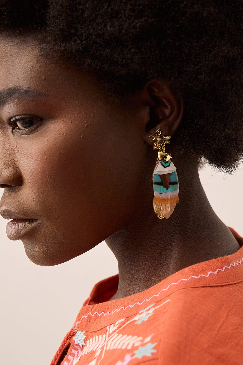 Sao Stone & Gold Plated Feather Earrings