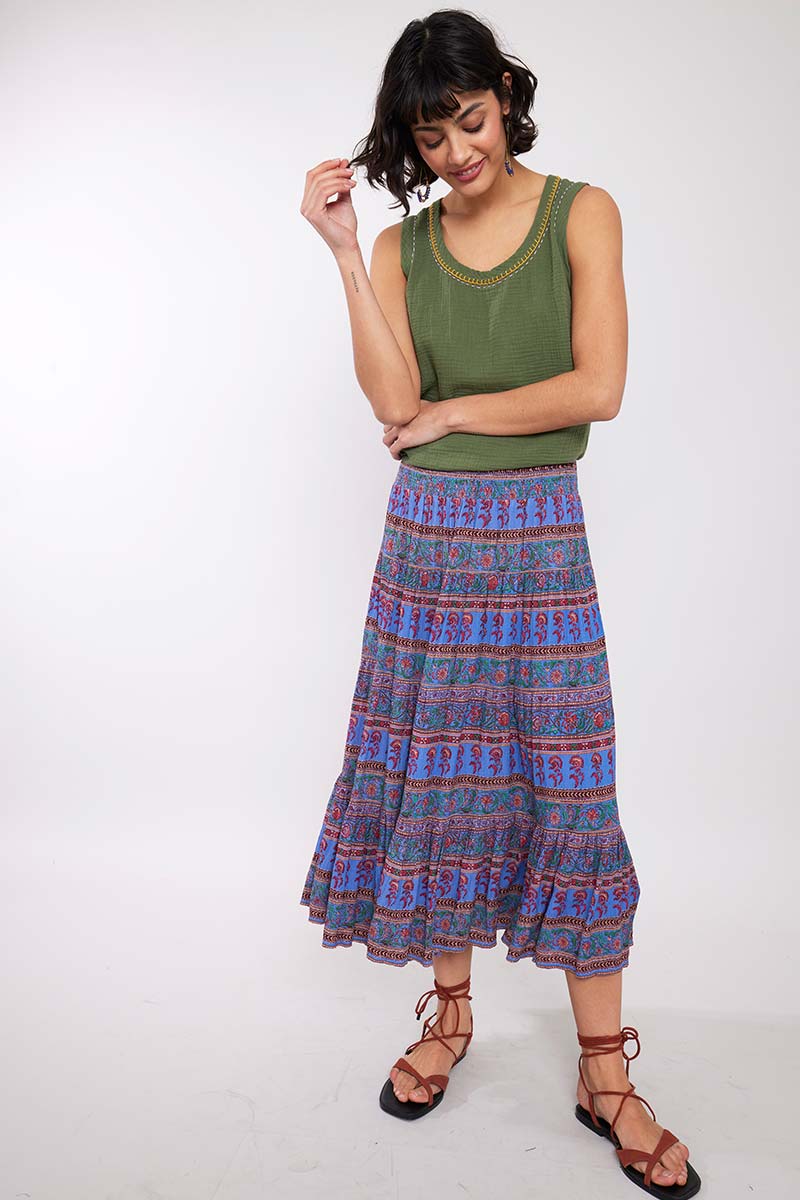Model wearing Alex Print Crinkle Tiered Skirt by East.co.uk