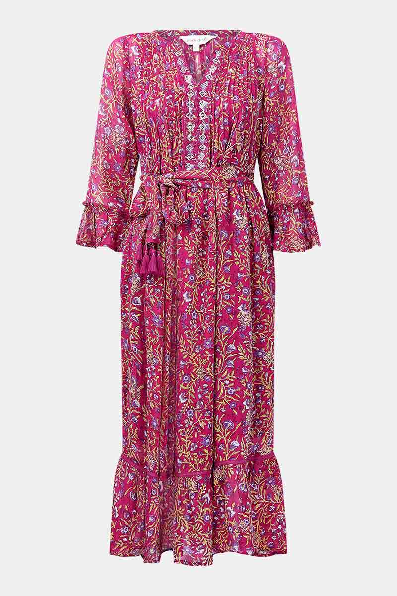 Front of Alexa Woodblock Pink Georgette Dress by East.co.uk