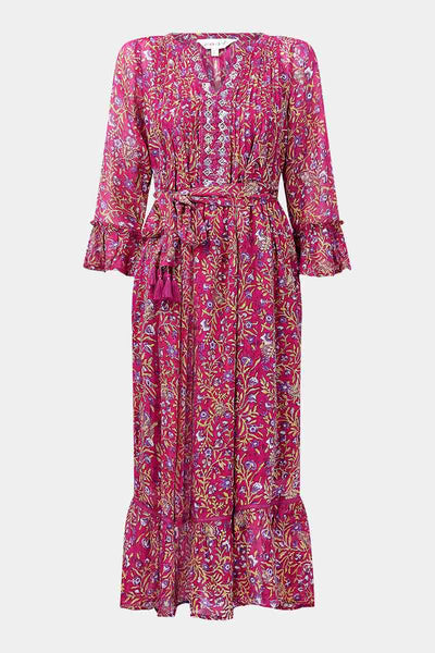 Front of Alexa Woodblock Pink Georgette Dress by East.co.uk