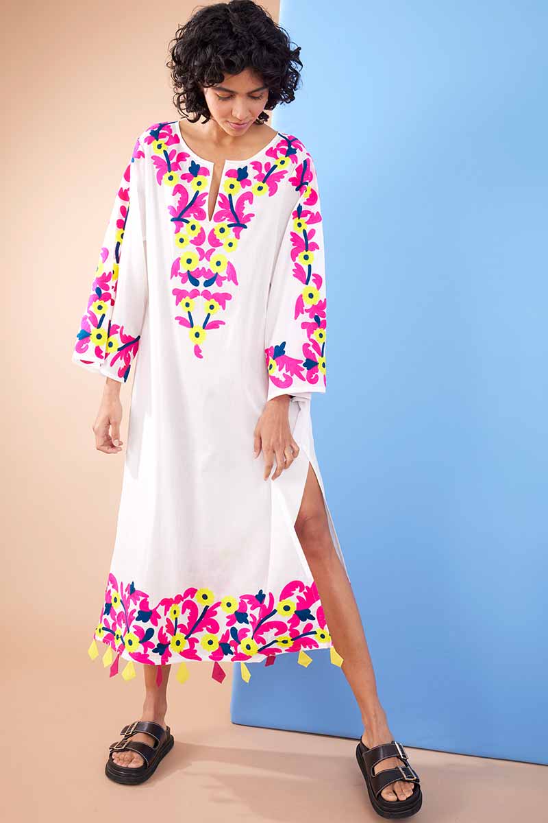 Model wearing Aparna Ivory Cotton Embroidered Kaftan by East.co.uk