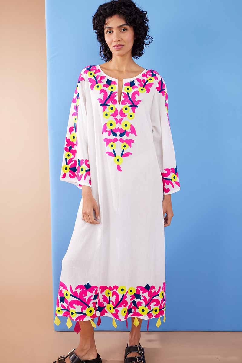 Model wearing Aparna Ivory Cotton Embroidered Kaftan by East.co.uk