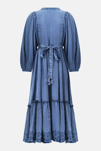Back Cinzia Denim Cotton Embroidered Dress by East.co.uk