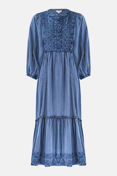 Front Cinzia Denim Cotton Embroidered Dress by East.co.uk