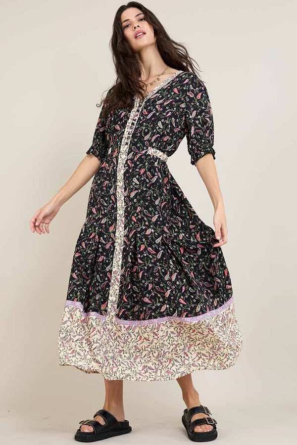 Effie Print Black & Cream Midi Dress