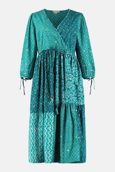 Ekta Woodblock Teal BCI Cotton Patchwork Dress