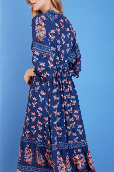 Model wearing Fifi Navy Embroidered Dress by East.co.uk