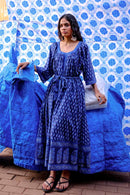 Model wearing Harriet Navy Organic Cotton Belted Dress by East.co.uk