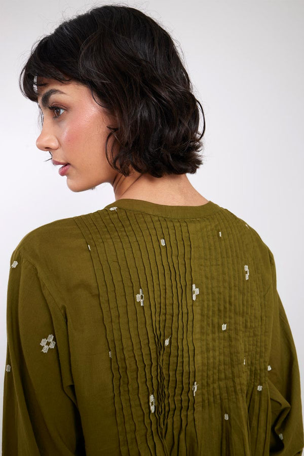 Model Wearing Kiko Olive BCI Cotton Embroidered Top by East.co.uk
