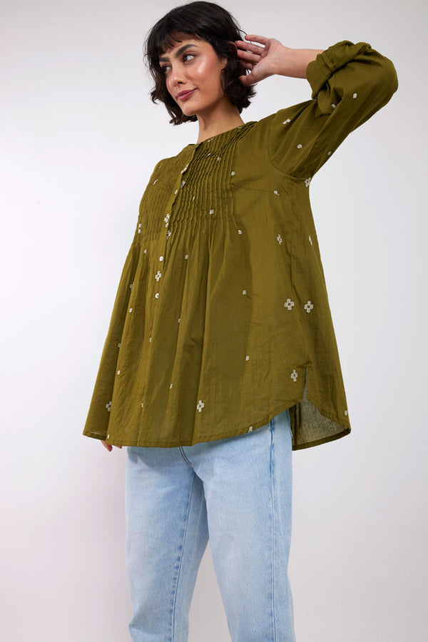 Model Wearing Kiko Olive BCI Cotton Embroidered Top by East.co.uk