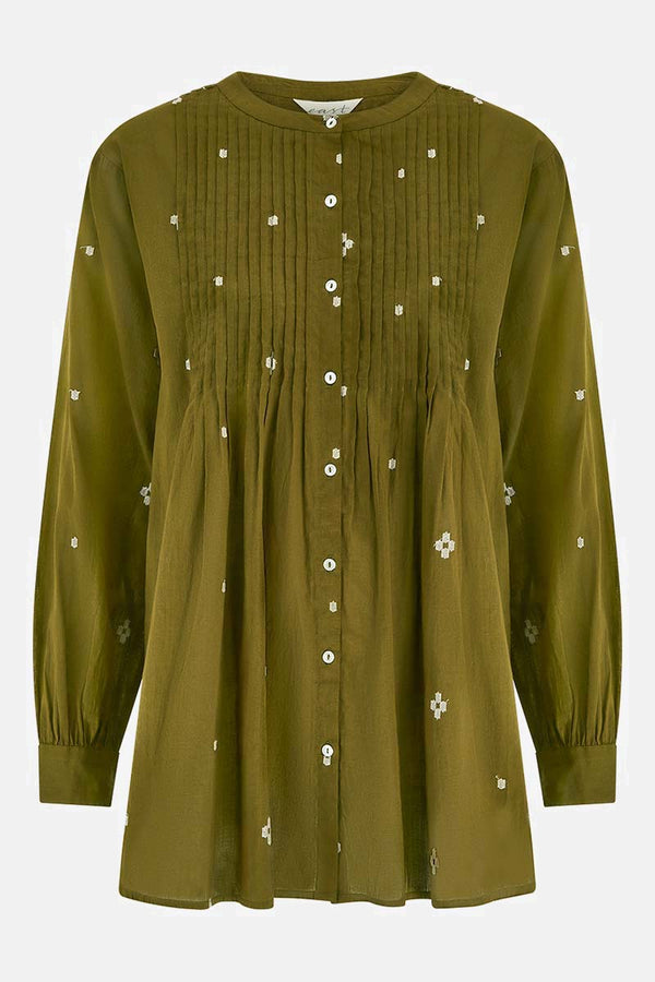 Front of Kiko Olive BCI Cotton Embroidered Top by East.co.uk
