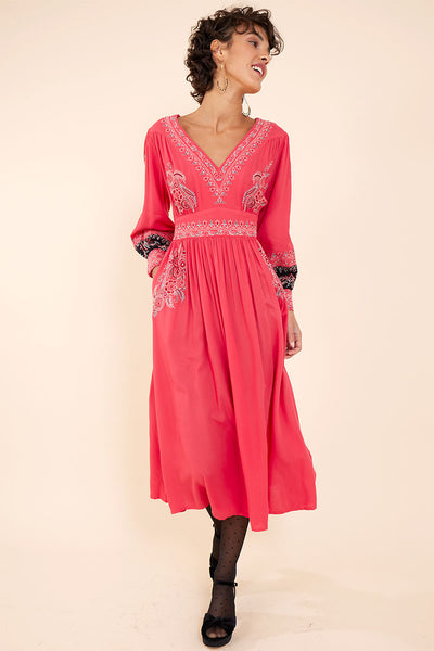 Miranda Coral Red Embroidered Dress
