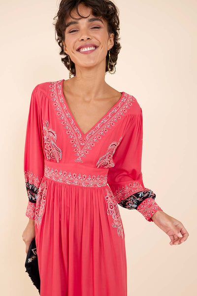 Miranda Coral Red Embroidered Dress