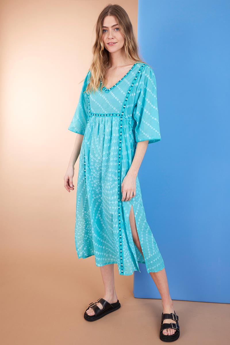 Model wearing Oceana Turquoise BCI Cotton Embroidered Bandhani Kaftan by east.co.uk