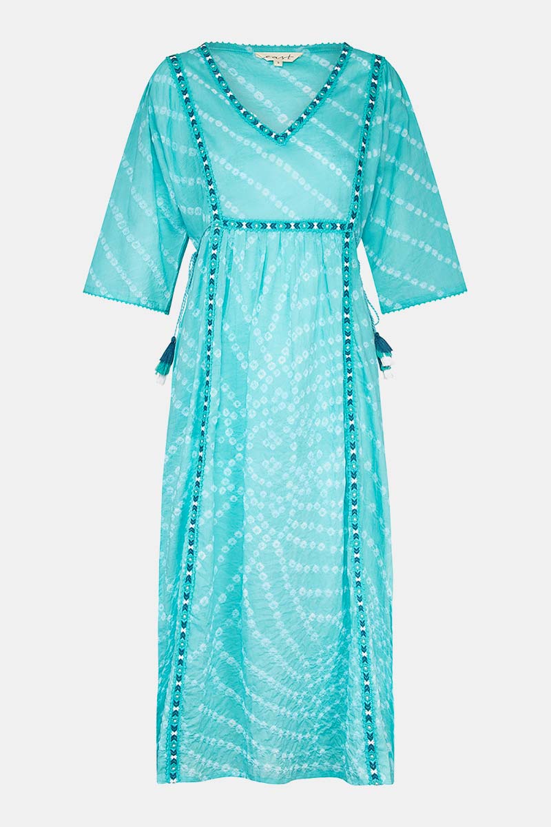 Front of Oceana Turquoise BCI Cotton Embroidered Bandhani Kaftan by East