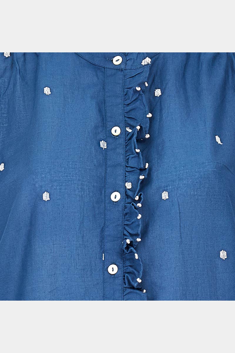 Front detail of Petra Navy BCI Cotton Embroidered Blouse by East.co.uk