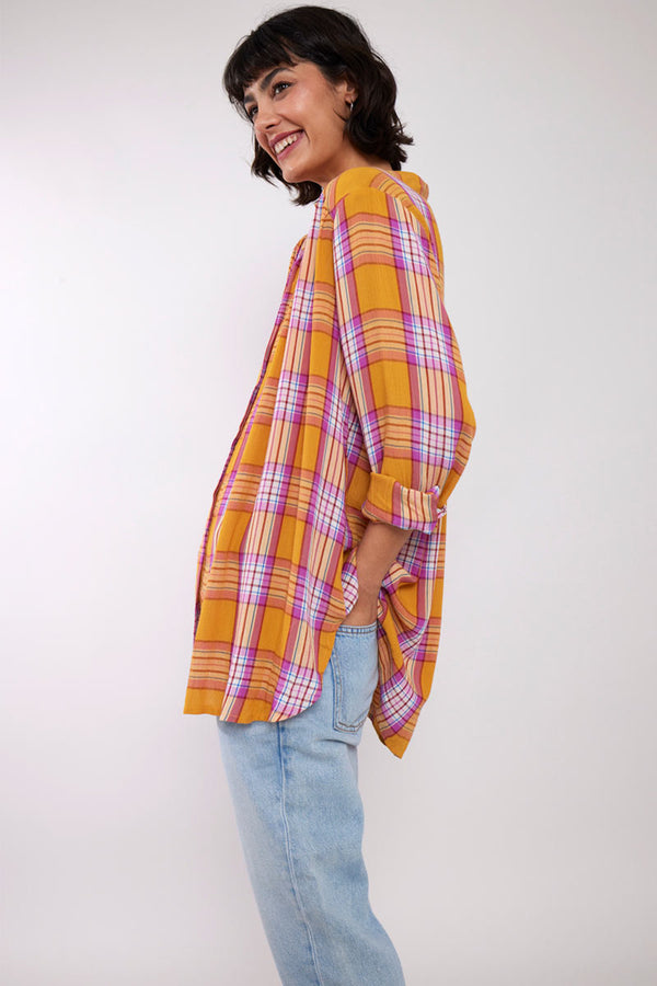Model wearing Sunshine Cotton Plaid Yarn Dyed Shirt by East.co.uk