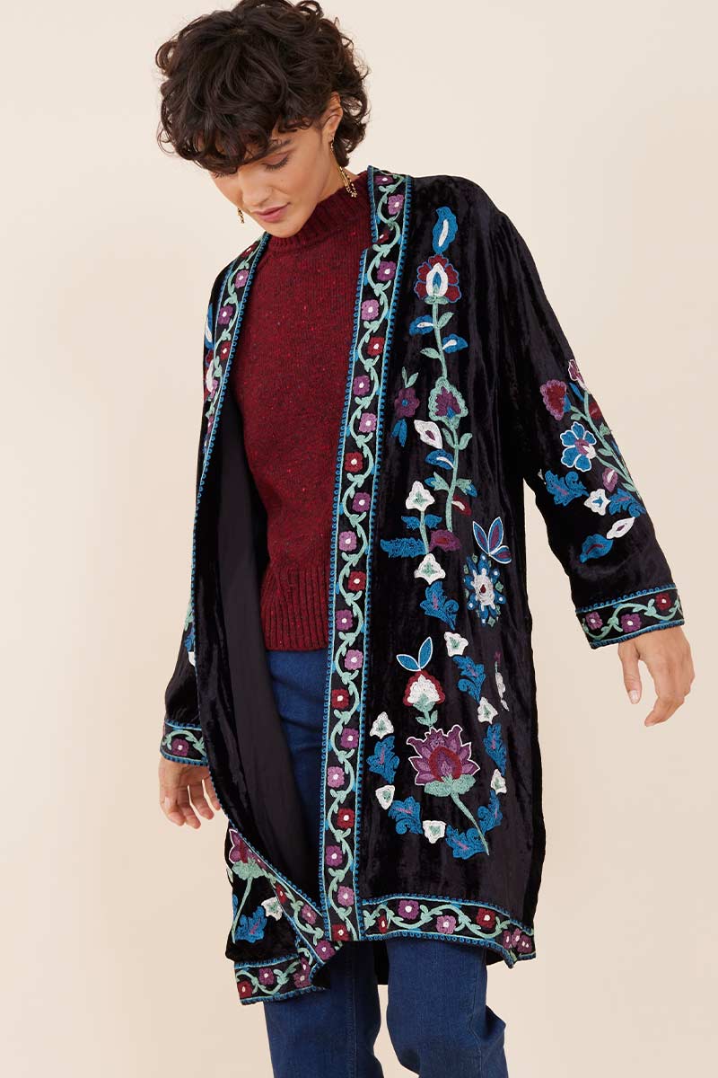 Tara Embroidered Black Velvet Longline Jacket
