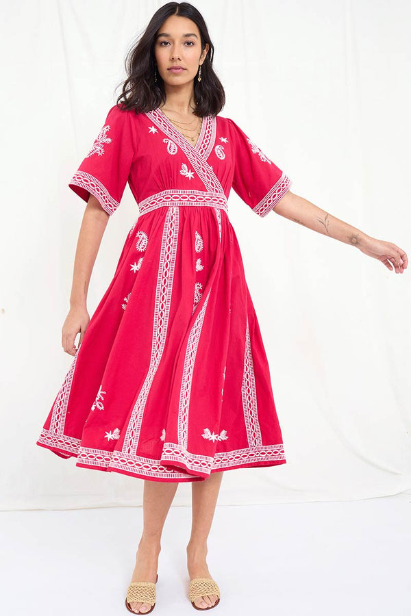 Vandana Raspberry Embroidered Midi Dress