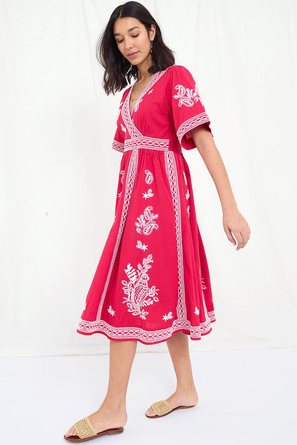Vandana Raspberry Embroidered Midi Dress