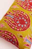 Front Detail of Lime Silk Suzani Embroidered Ikat Cushion Cover by East